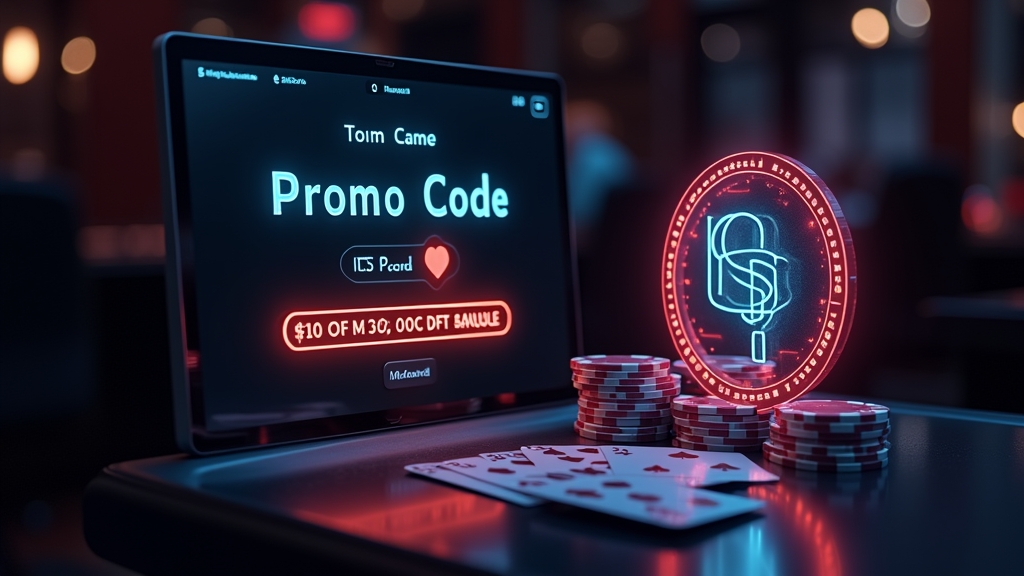 Promo code field beside slot reels in a dark casino cashier scene