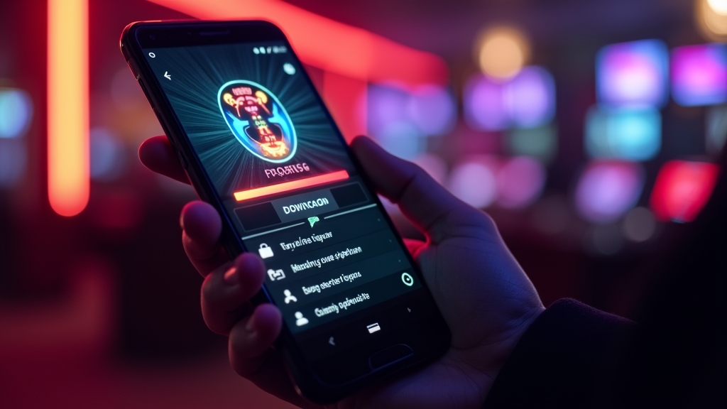 Android phone showing a casino app download screen in a dark neon setting