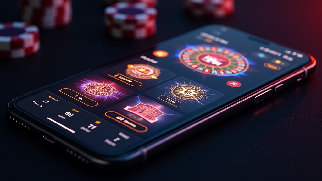 Smartphone with a casino app lobby, search tools, and game tiles in a dark setting