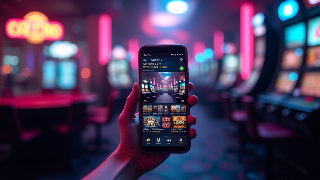 Smartphone showing a casino app lobby in a dark neon-lit setting