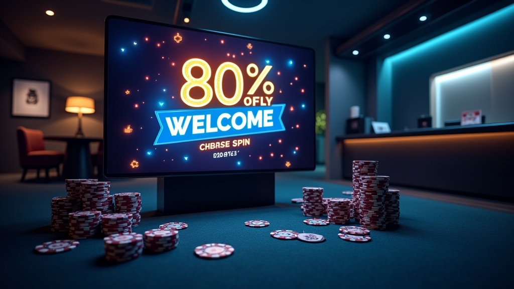 Casino welcome offer screen with chips and bonus icons in a dark lobby